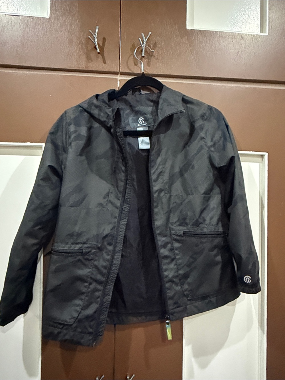 Champion Boys Black Hooded Windbreaker with Subtle Camouflage